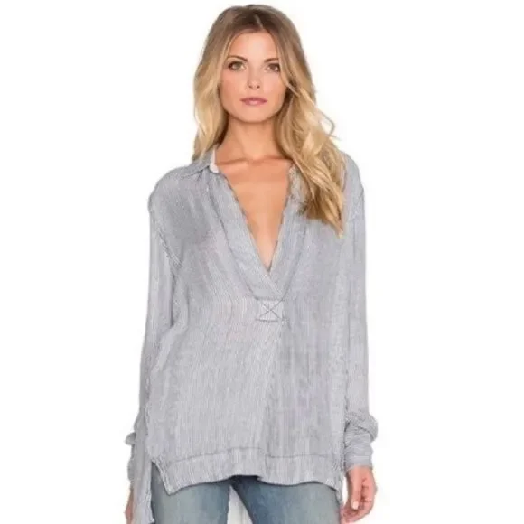 Free people soft pop over hi low green striped collared top small - Picture 7 of 7